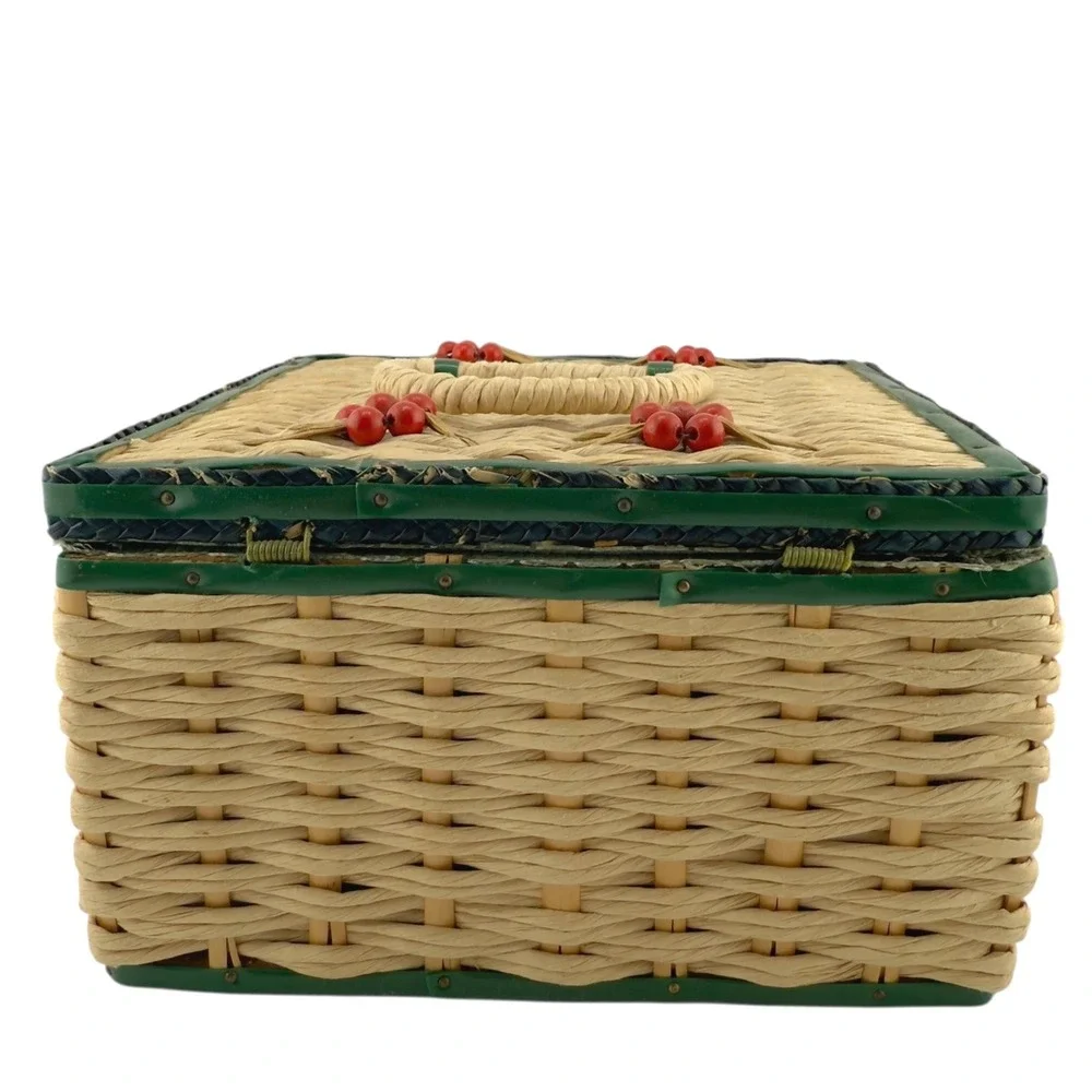 Vintage Japan Wicker Sewing Basket  Cherry Berry Lid Square Box Needs‎ Lining